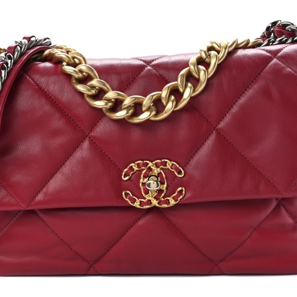 uthentic CHANEL Goatskin Quilted LARGE Chanel 19 Flap in Dark Red - Picture 1 of 7